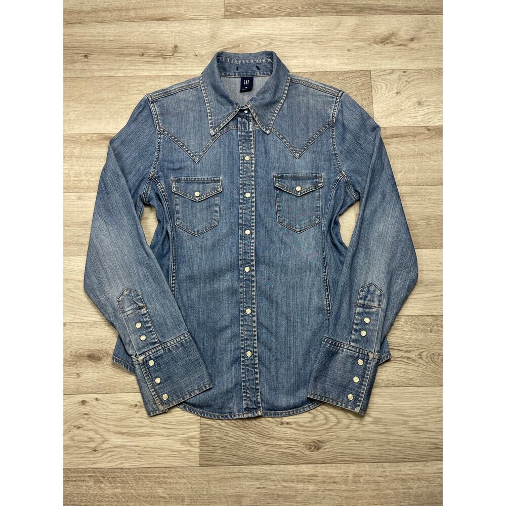 🔥Vintage Y2K GAP Denim Pearl Button Long Sleeve Shirt Western Cowgirl Country